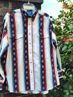 Vintage Wrangler Western Shirt Aztec Print Long Sleeve Purple Snap Buttons L